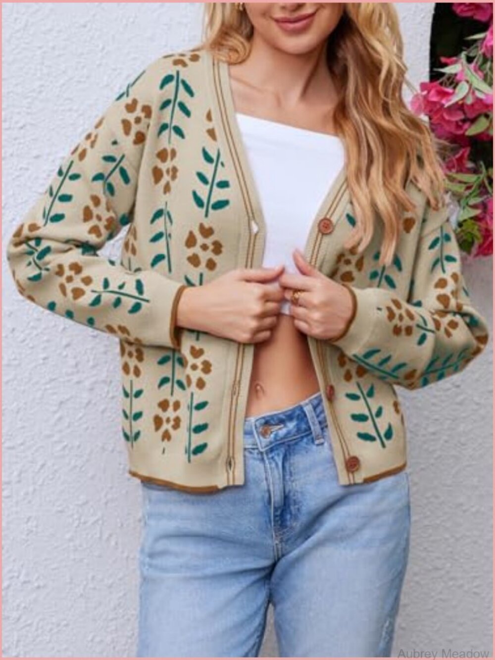 Floral V-Neck Cardigan Open Front Button Down Knit Long Sleeve - Picture 5 of 7